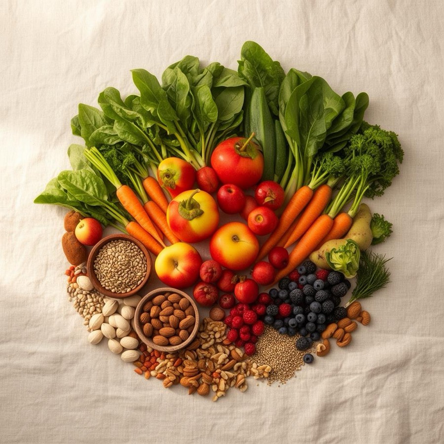 Fresh vegetables, leafy greens, fruits, nuts and seeds arranged on linen